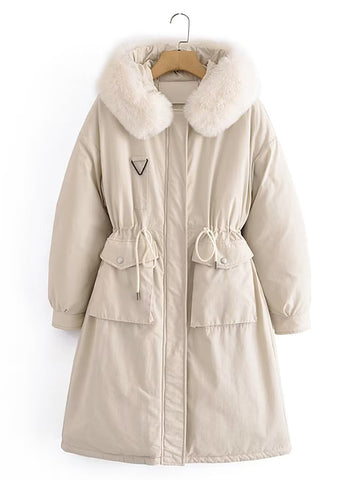 Airchics mi-longue manteau fermeture éclair avec poches coulisse taille col en fourrure à capuche femme mode
